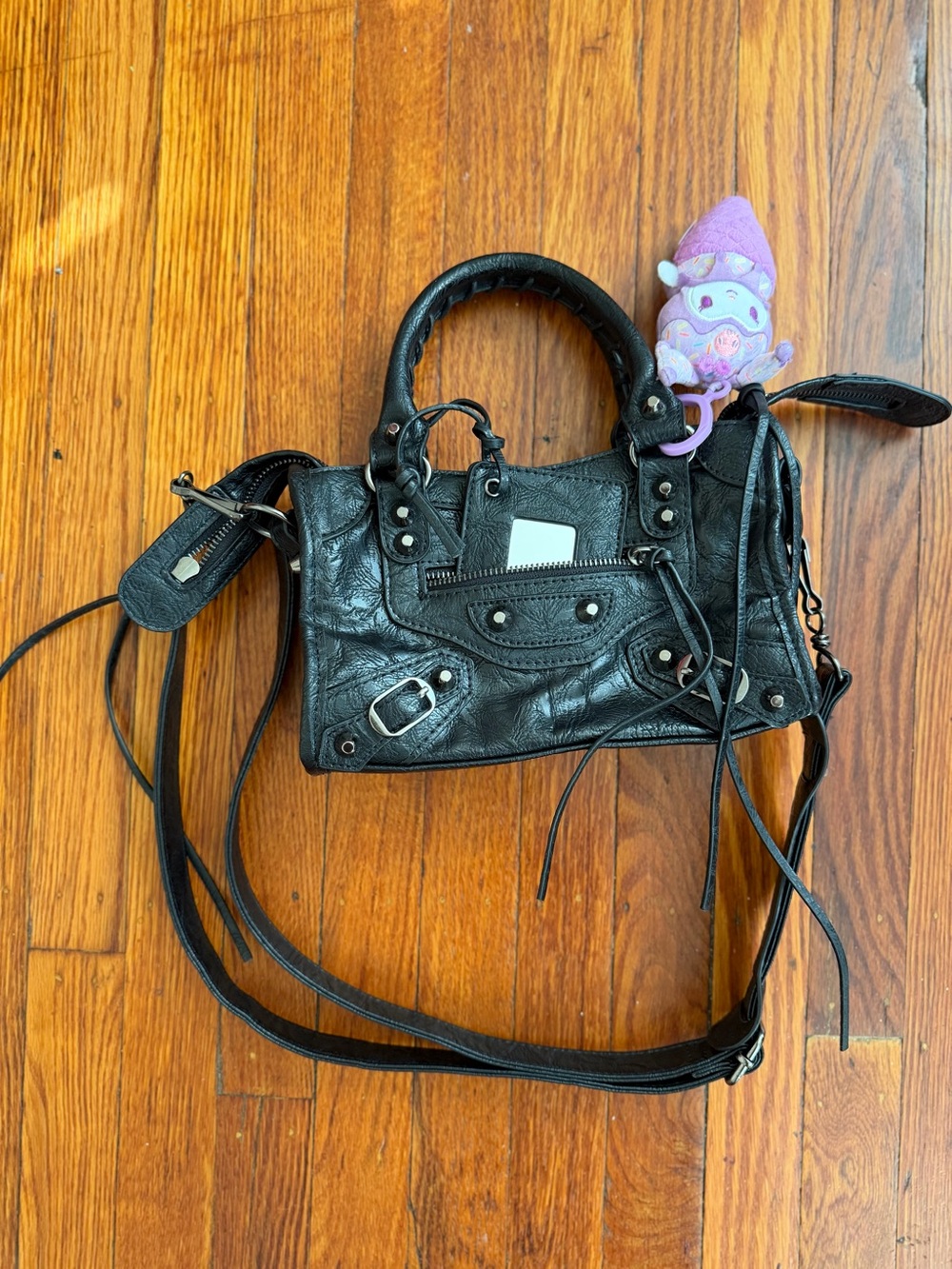 Black Leather Mini City Bag with crossbody strap